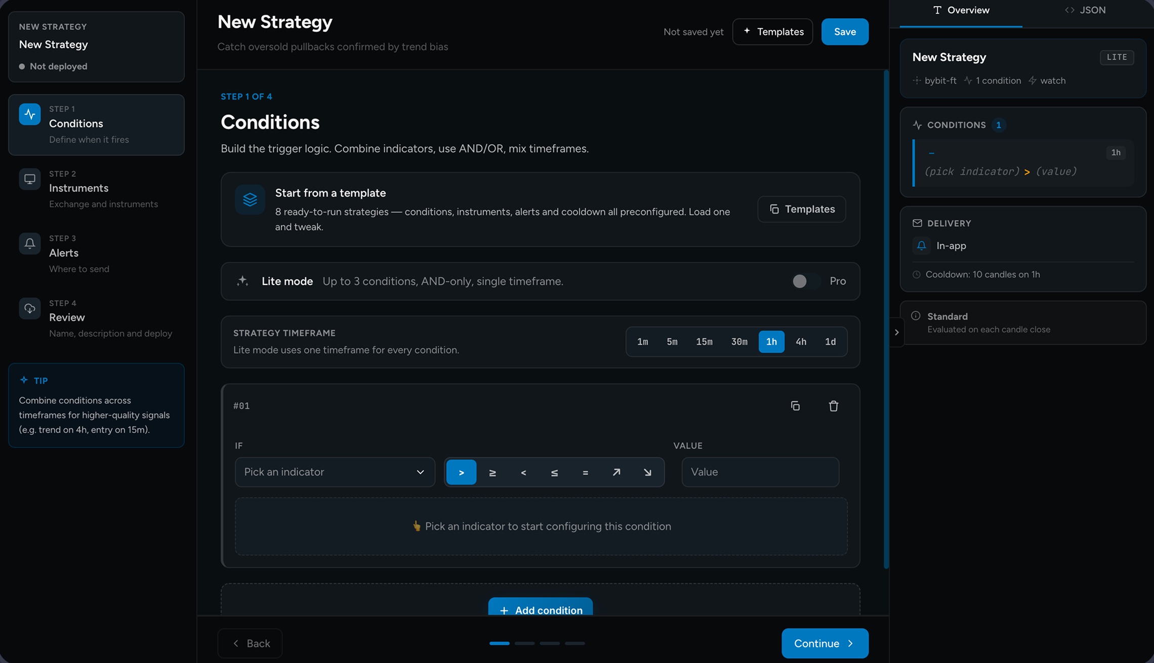 The TickScan Strategy Builder: four steps on the left, the conditions editor in the middle and a live overview on the right