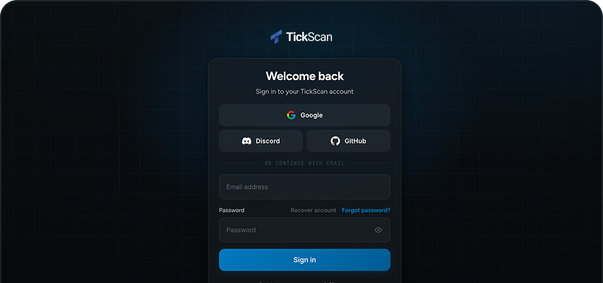 The TickScan sign-in screen, with Google, Discord, GitHub or email